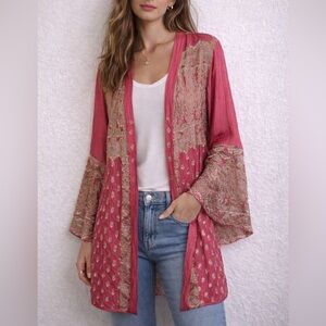Paul Ropp x Janet Egan Silk Kimono Duster Jacket Pink Embroidered Size L